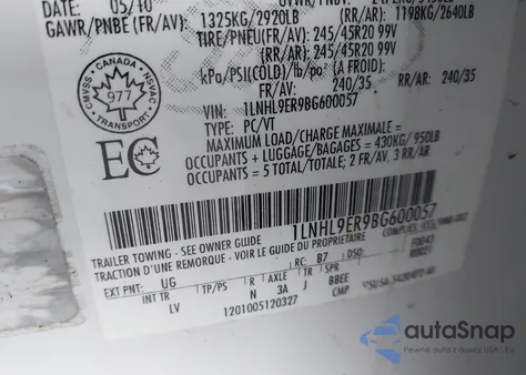 2011 Lincoln Mks z USA, uszkodzony, nr VIN 1LNHL9ER9BG600057